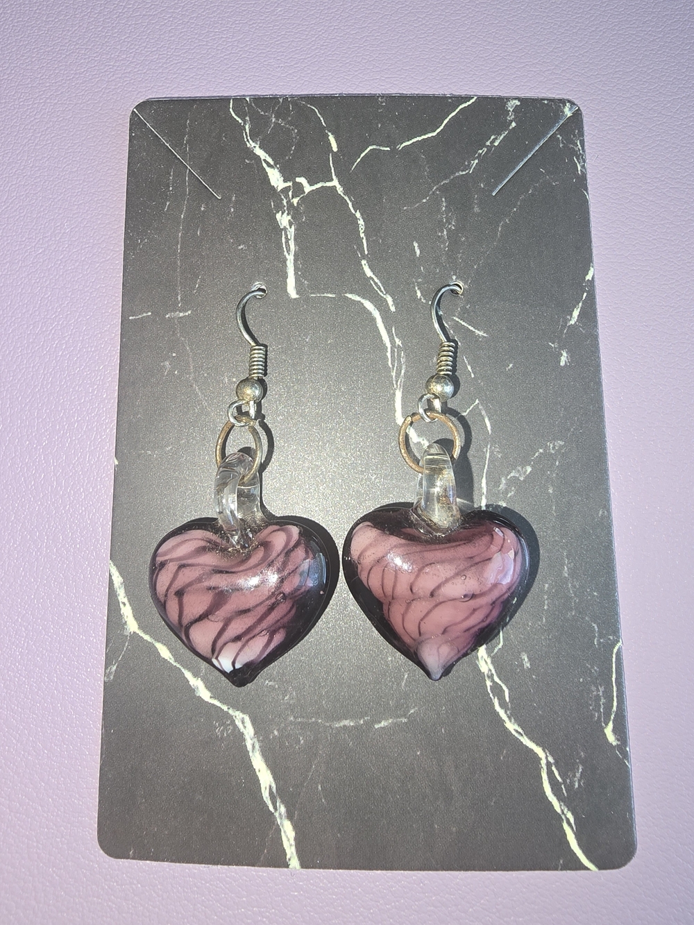 Purple 💜 Swirl Murano Style Heart Glass Drop Earrings - Picture 1 of 4